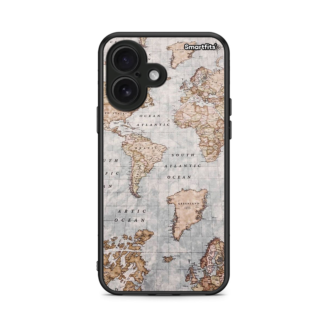 iPhone 16 World Map Θήκη από τη Smartfits με σχέδιο στο πίσω μέρος και μαύρο περίβλημα | Smartphone case with colorful back and black bezels by Smartfits