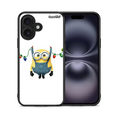 Θήκη iPhone 16 Xmas Minion Lights από τη Smartfits με σχέδιο στο πίσω μέρος και μαύρο περίβλημα | iPhone 16 Xmas Minion Lights case with colorful back and black bezels