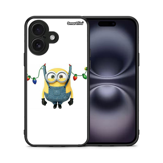 Θήκη iPhone 16 Xmas Minion Lights από τη Smartfits με σχέδιο στο πίσω μέρος και μαύρο περίβλημα | iPhone 16 Xmas Minion Lights case with colorful back and black bezels