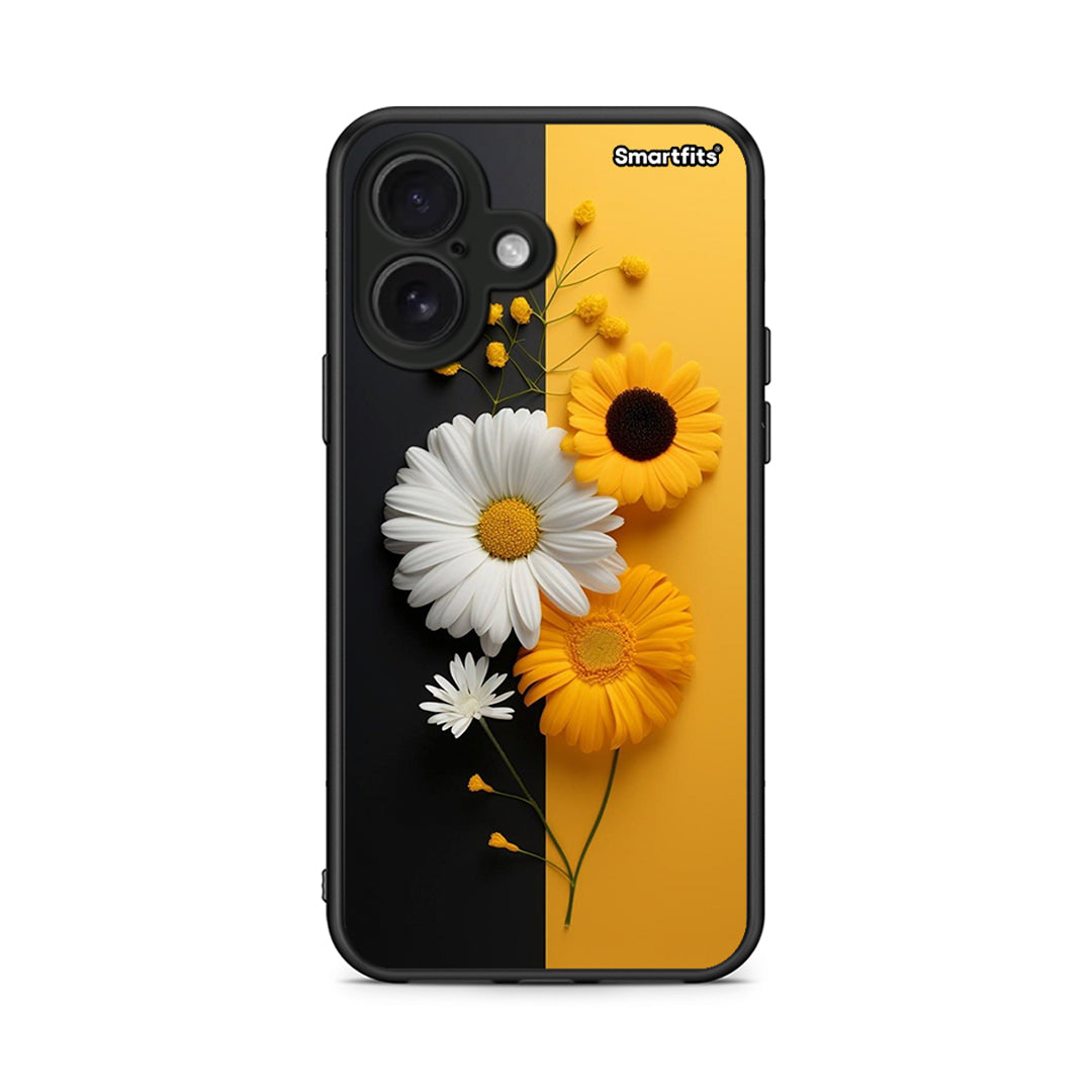iPhone 16 Yellow Daisies θήκη από τη Smartfits με σχέδιο στο πίσω μέρος και μαύρο περίβλημα | Smartphone case with colorful back and black bezels by Smartfits
