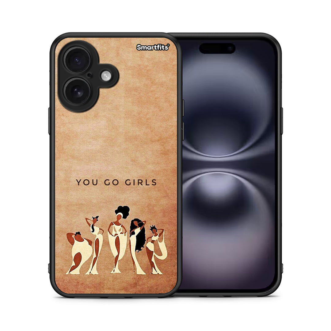 Θήκη iPhone 16 You Go Girl από τη Smartfits με σχέδιο στο πίσω μέρος και μαύρο περίβλημα | iPhone 16 You Go Girl case with colorful back and black bezels