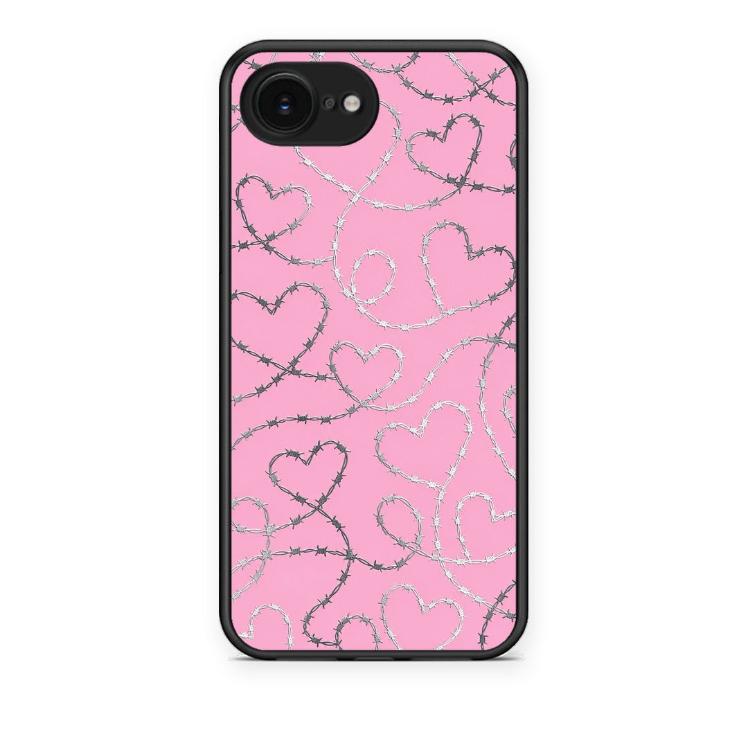 Θήκη iPhone 16e Barbed Wire Hearts on Pink από τη Smartfits με σχέδιο στο πίσω μέρος και μαύρο περίβλημα | iPhone 16e Barbed Wire Hearts on Pink case with colorful back and black bezels