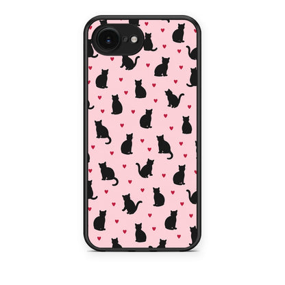 Θήκη iPhone 16e Black Cat Silhouettes and Hearts on Pink από τη Smartfits με σχέδιο στο πίσω μέρος και μαύρο περίβλημα | iPhone 16e Black Cat Silhouettes and Hearts on Pink case with colorful back and black bezels