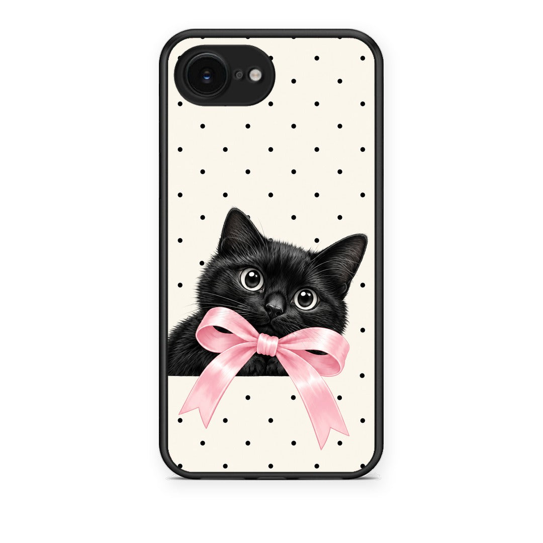 Θήκη iPhone 16e Black Kitten Pink Bow and Polka Dots από τη Smartfits με σχέδιο στο πίσω μέρος και μαύρο περίβλημα | iPhone 16e Black Kitten Pink Bow and Polka Dots case with colorful back and black bezels