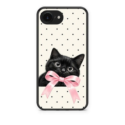 Θήκη iPhone 16e Black Kitten Pink Bow and Polka Dots από τη Smartfits με σχέδιο στο πίσω μέρος και μαύρο περίβλημα | iPhone 16e Black Kitten Pink Bow and Polka Dots case with colorful back and black bezels