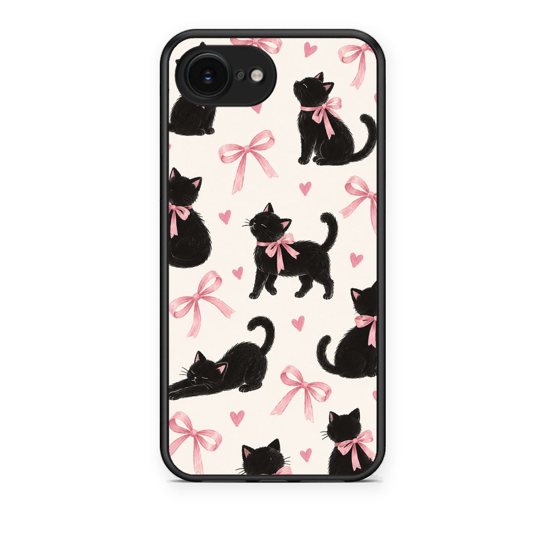 Θήκη iPhone 16e Black Kittens and Pink Bows on Cream Large από τη Smartfits με σχέδιο στο πίσω μέρος και μαύρο περίβλημα | iPhone 16e Black Kittens and Pink Bows on Cream Large case with colorful back and black bezels