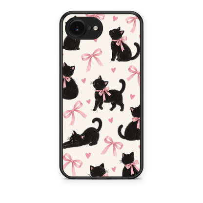 Θήκη iPhone 16e Black Kittens and Pink Bows on Cream Large από τη Smartfits με σχέδιο στο πίσω μέρος και μαύρο περίβλημα | iPhone 16e Black Kittens and Pink Bows on Cream Large case with colorful back and black bezels