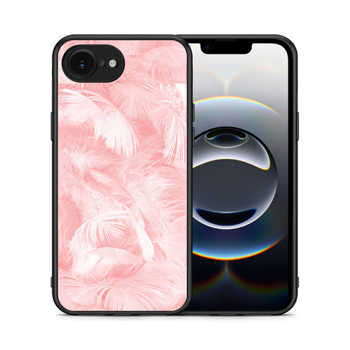 Θήκη iPhone 16e Pink Feather Boho από τη Smartfits με σχέδιο στο πίσω μέρος και μαύρο περίβλημα | iPhone 16e Pink Feather Boho case with colorful back and black bezels