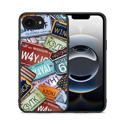 Θήκη iPhone 16e Car Plates από τη Smartfits με σχέδιο στο πίσω μέρος και μαύρο περίβλημα | iPhone 16e Car Plates case with colorful back and black bezels