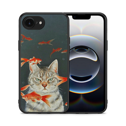 Θήκη iPhone 16e Cat Goldfish από τη Smartfits με σχέδιο στο πίσω μέρος και μαύρο περίβλημα | iPhone 16e Cat Goldfish case with colorful back and black bezels