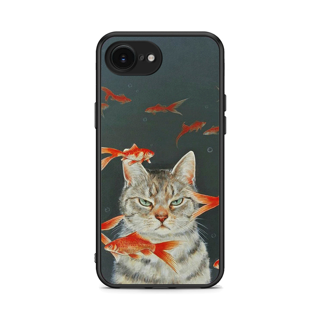 iPhone 16e Cat Goldfish θήκη από τη Smartfits με σχέδιο στο πίσω μέρος και μαύρο περίβλημα | Smartphone case with colorful back and black bezels by Smartfits