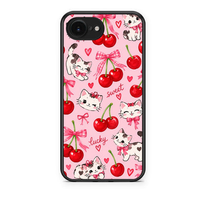 Θήκη iPhone 16e Cherries Bows and Kittens on Pink από τη Smartfits με σχέδιο στο πίσω μέρος και μαύρο περίβλημα | iPhone 16e Cherries Bows and Kittens on Pink case with colorful back and black bezels