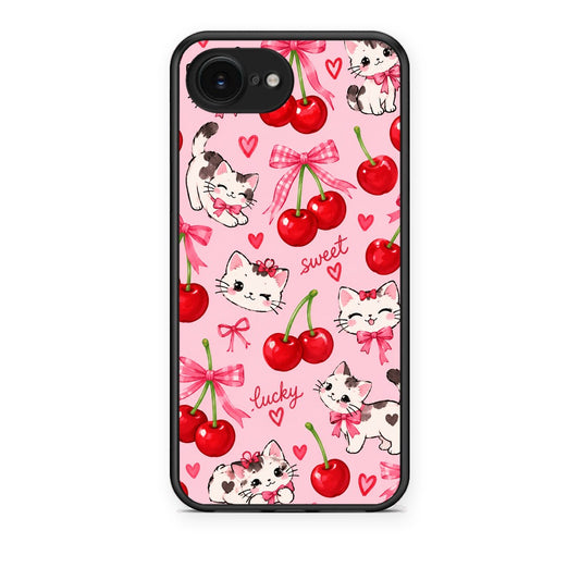 Θήκη iPhone 16e Cherries Bows and Kittens on Pink από τη Smartfits με σχέδιο στο πίσω μέρος και μαύρο περίβλημα | iPhone 16e Cherries Bows and Kittens on Pink case with colorful back and black bezels