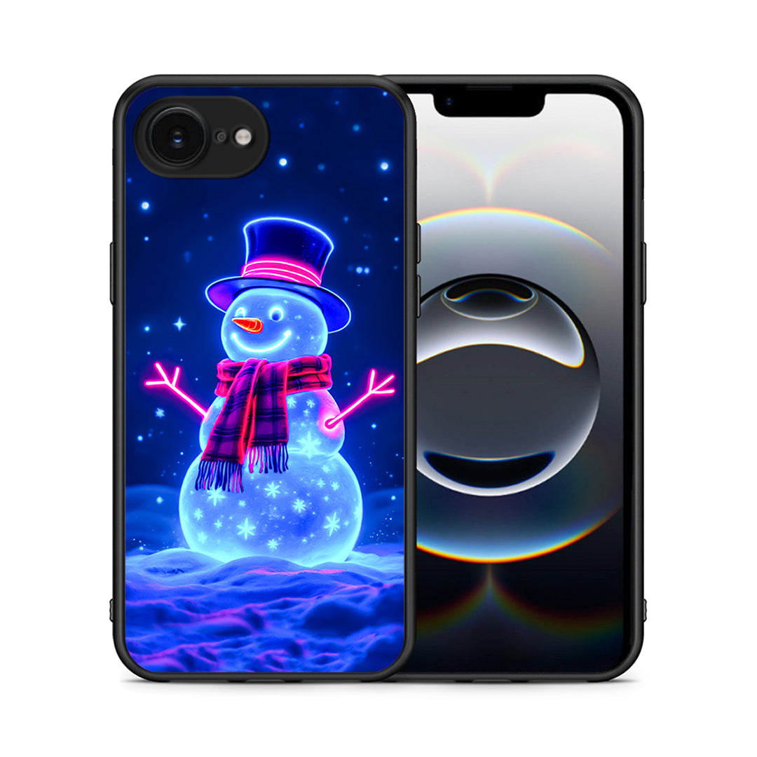 Θήκη iPhone 16e Christmas Neon Snowman από τη Smartfits με σχέδιο στο πίσω μέρος και μαύρο περίβλημα | iPhone 16e Christmas Neon Snowman case with colorful back and black bezels