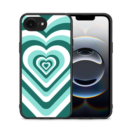 Θήκη iPhone 16e Green Hearts από τη Smartfits με σχέδιο στο πίσω μέρος και μαύρο περίβλημα | iPhone 16e Green Hearts case with colorful back and black bezels