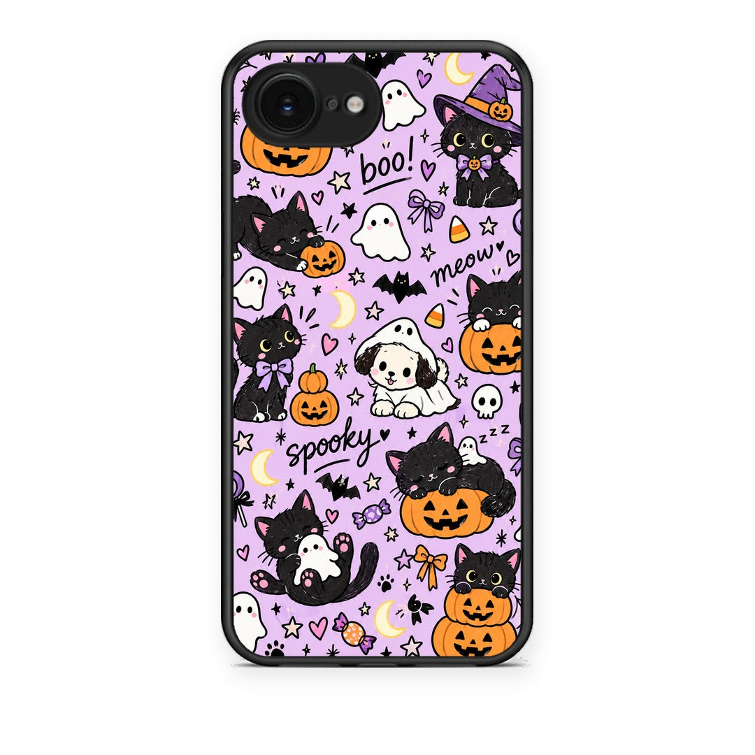 Θήκη iPhone 16e Halloween Black Cats on Lilac από τη Smartfits με σχέδιο στο πίσω μέρος και μαύρο περίβλημα | iPhone 16e Halloween Black Cats on Lilac case with colorful back and black bezels