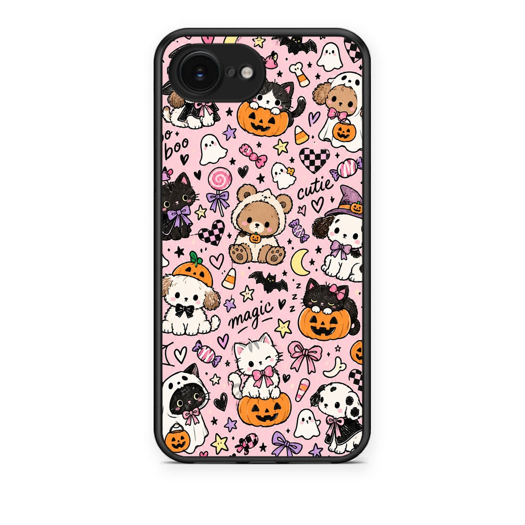 Θήκη iPhone 16e Halloween Cute Animals on Pink από τη Smartfits με σχέδιο στο πίσω μέρος και μαύρο περίβλημα | iPhone 16e Halloween Cute Animals on Pink case with colorful back and black bezels