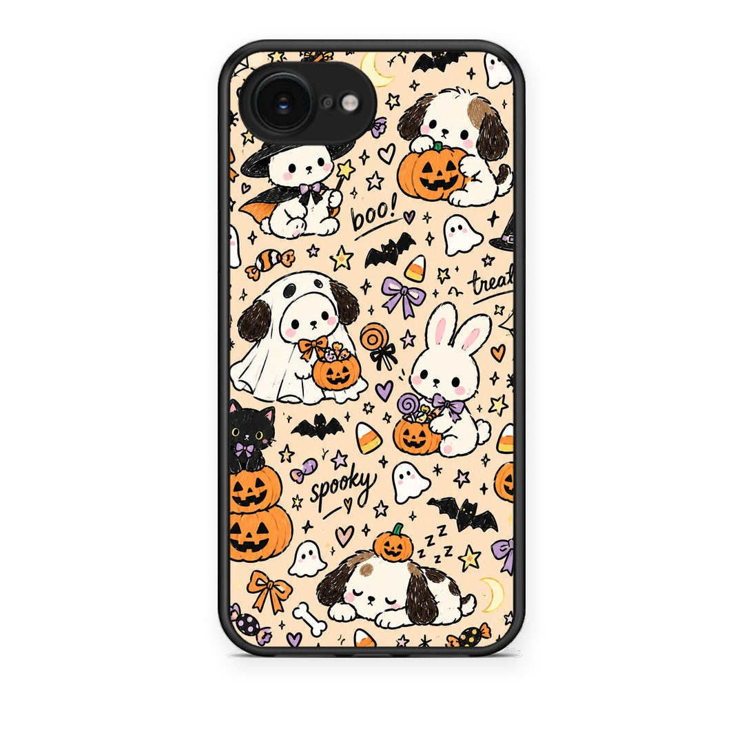Θήκη iPhone 16e Halloween Puppies and Friends on Cream από τη Smartfits με σχέδιο στο πίσω μέρος και μαύρο περίβλημα | iPhone 16e Halloween Puppies and Friends on Cream case with colorful back and black bezels