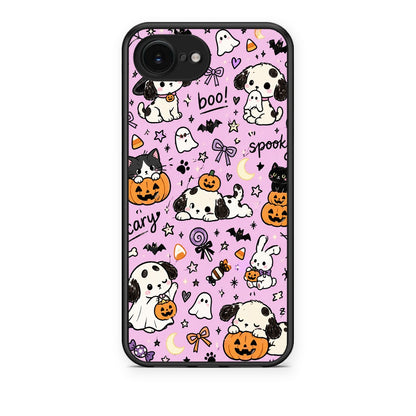 Θήκη iPhone 16e Halloween Puppies and Friends on Lilac από τη Smartfits με σχέδιο στο πίσω μέρος και μαύρο περίβλημα | iPhone 16e Halloween Puppies and Friends on Lilac case with colorful back and black bezels