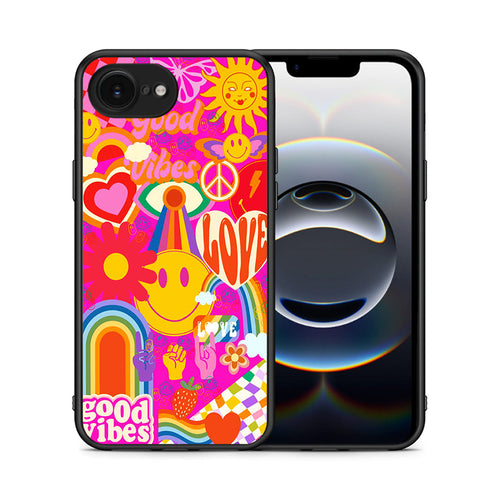 Θήκη iPhone 16e Hippie Love από τη Smartfits με σχέδιο στο πίσω μέρος και μαύρο περίβλημα | iPhone 16e Hippie Love case with colorful back and black bezels