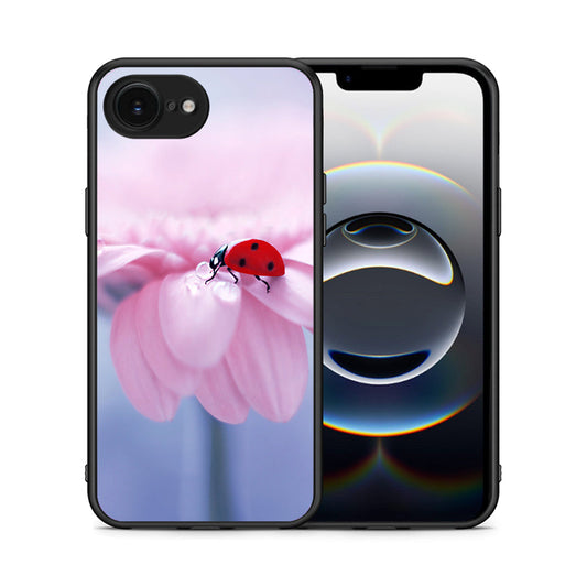 Θήκη iPhone 16e Ladybug Flower από τη Smartfits με σχέδιο στο πίσω μέρος και μαύρο περίβλημα | iPhone 16e Ladybug Flower case with colorful back and black bezels