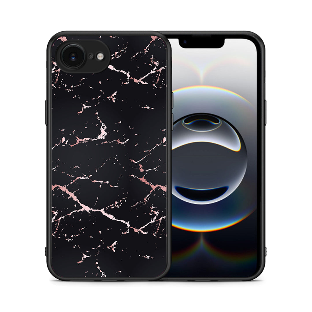 Θήκη iPhone 16e Black Rosegold Marble από τη Smartfits με σχέδιο στο πίσω μέρος και μαύρο περίβλημα | iPhone 16e Black Rosegold Marble case with colorful back and black bezels