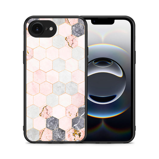 Θήκη iPhone 16e Hexagon Pink Marble από τη Smartfits με σχέδιο στο πίσω μέρος και μαύρο περίβλημα | iPhone 16e Hexagon Pink Marble case with colorful back and black bezels