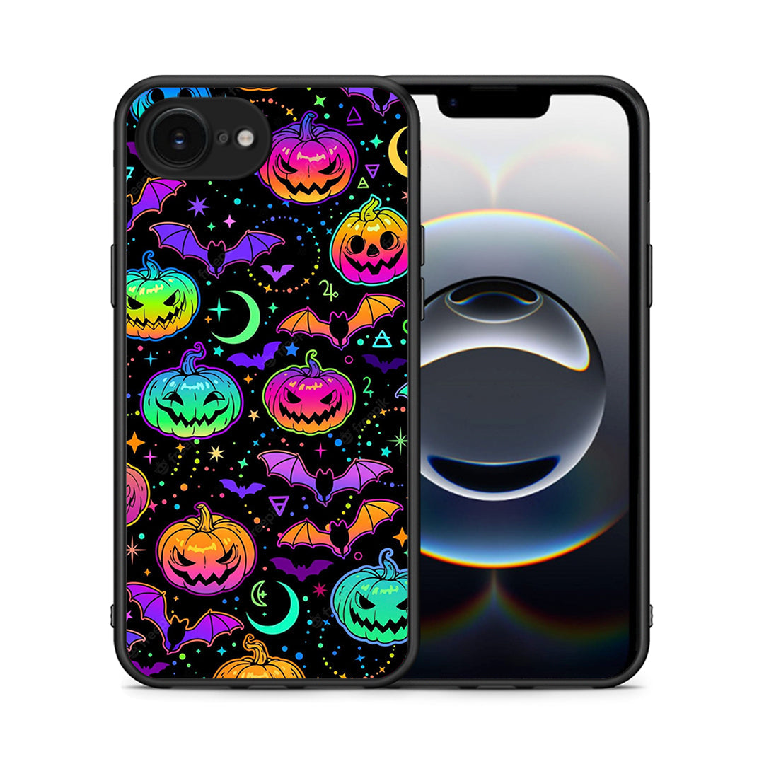 Θήκη iPhone 16e Neon Halloween από τη Smartfits με σχέδιο στο πίσω μέρος και μαύρο περίβλημα | iPhone 16e Neon Halloween case with colorful back and black bezels