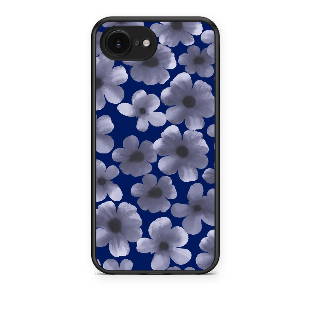 Θήκη iPhone 16e Pale Blue Flowers on Navy από τη Smartfits με σχέδιο στο πίσω μέρος και μαύρο περίβλημα | iPhone 16e Pale Blue Flowers on Navy case with colorful back and black bezels