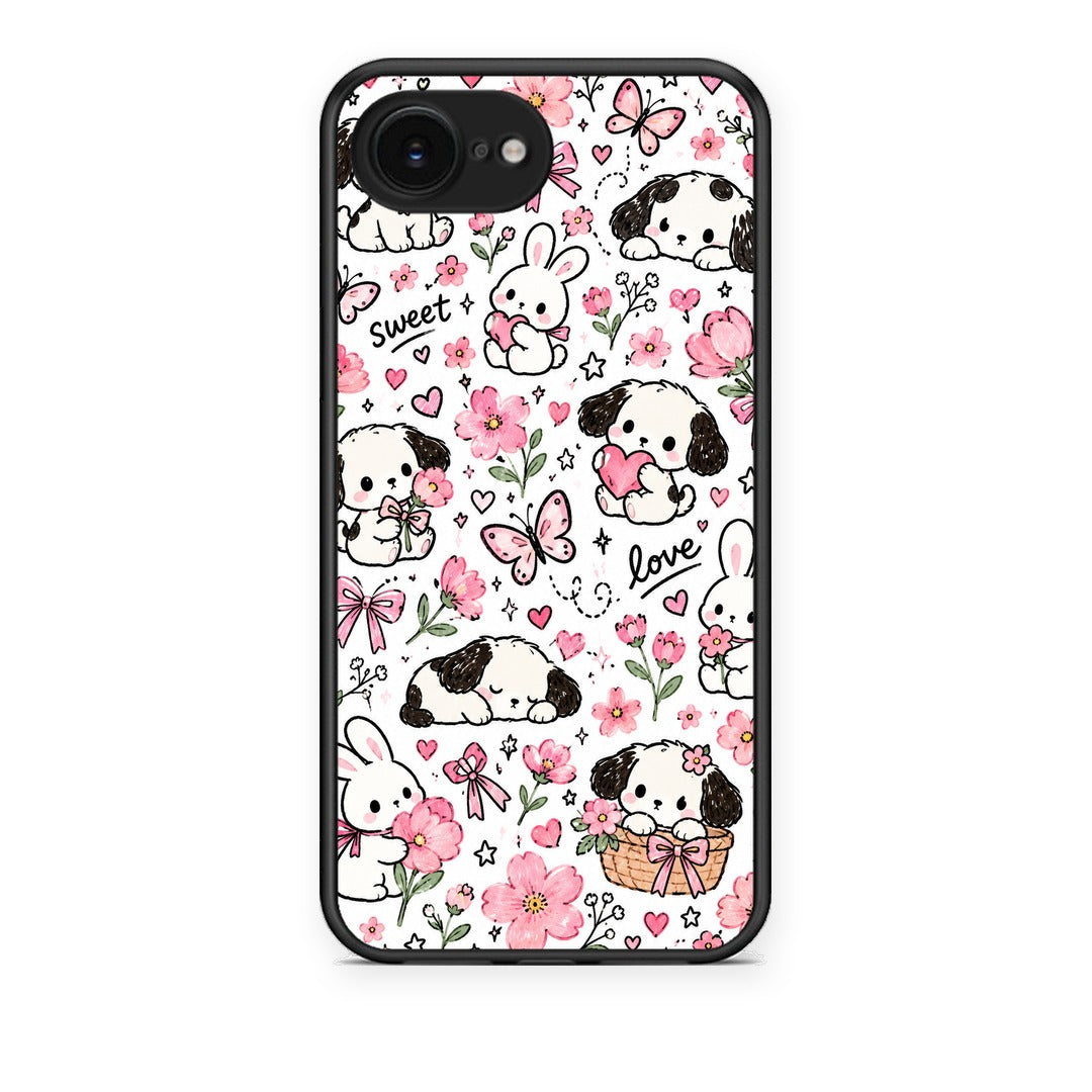 Θήκη iPhone 16e Pink Florals Puppies and Bunnies on White από τη Smartfits με σχέδιο στο πίσω μέρος και μαύρο περίβλημα | iPhone 16e Pink Florals Puppies and Bunnies on White case with colorful back and black bezels
