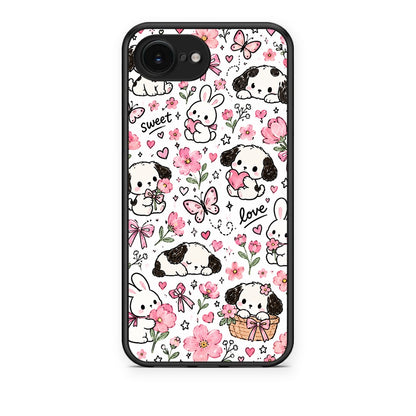 Θήκη iPhone 16e Pink Florals Puppies and Bunnies on White από τη Smartfits με σχέδιο στο πίσω μέρος και μαύρο περίβλημα | iPhone 16e Pink Florals Puppies and Bunnies on White case with colorful back and black bezels