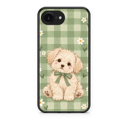 Θήκη iPhone 16e Puppy and Daisies on Sage Gingham από τη Smartfits με σχέδιο στο πίσω μέρος και μαύρο περίβλημα | iPhone 16e Puppy and Daisies on Sage Gingham case with colorful back and black bezels