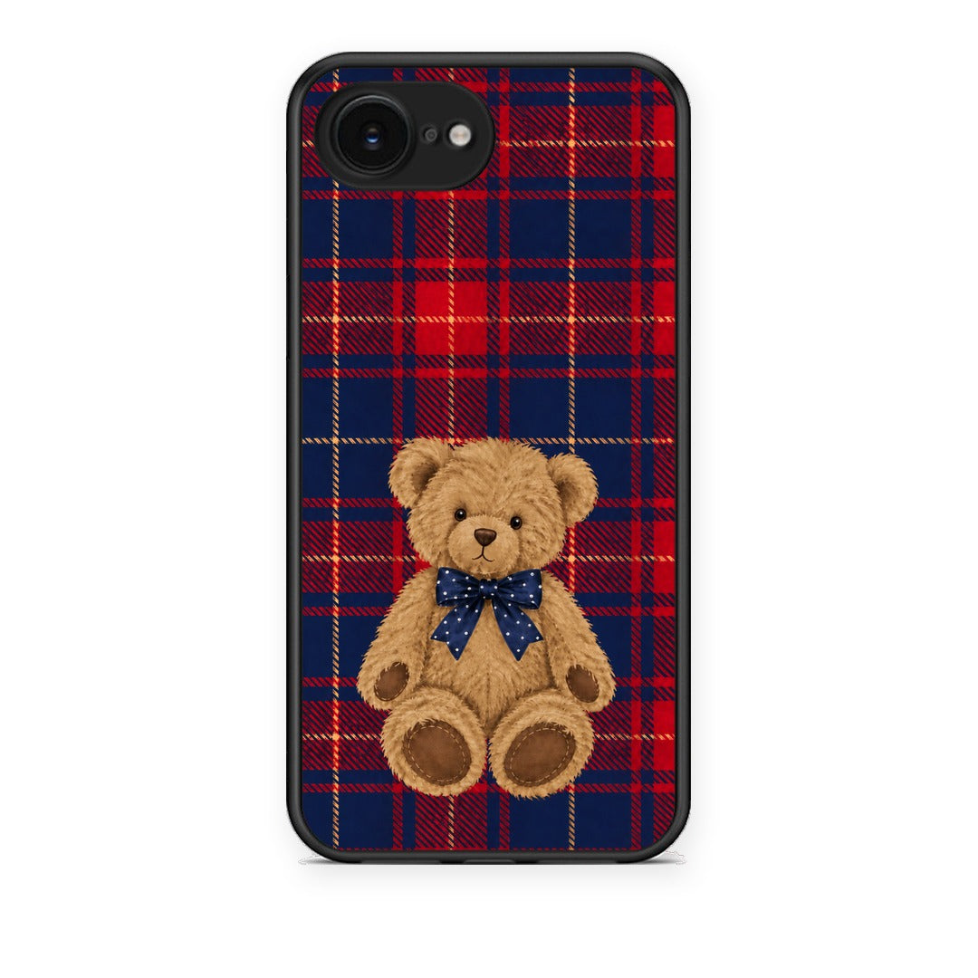 Θήκη iPhone 16e Teddy Bear on Red and Navy Tartan από τη Smartfits με σχέδιο στο πίσω μέρος και μαύρο περίβλημα | iPhone 16e Teddy Bear on Red and Navy Tartan case with colorful back and black bezels
