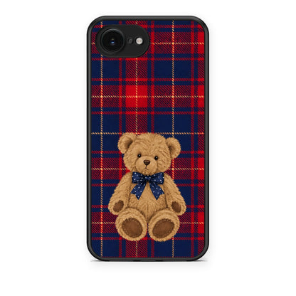 Θήκη iPhone 16e Teddy Bear on Red and Navy Tartan από τη Smartfits με σχέδιο στο πίσω μέρος και μαύρο περίβλημα | iPhone 16e Teddy Bear on Red and Navy Tartan case with colorful back and black bezels
