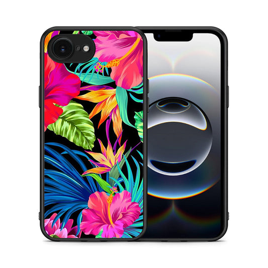 Θήκη iPhone 16e Tropical Flowers από τη Smartfits με σχέδιο στο πίσω μέρος και μαύρο περίβλημα | iPhone 16e Tropical Flowers case with colorful back and black bezels