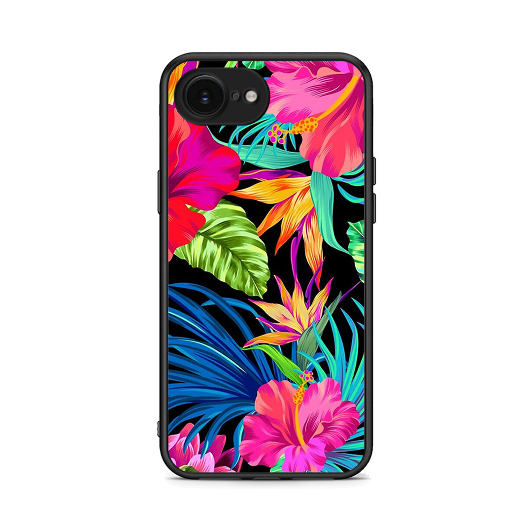 iPhone 16e Tropical Flowers θήκη από τη Smartfits με σχέδιο στο πίσω μέρος και μαύρο περίβλημα | Smartphone case with colorful back and black bezels by Smartfits