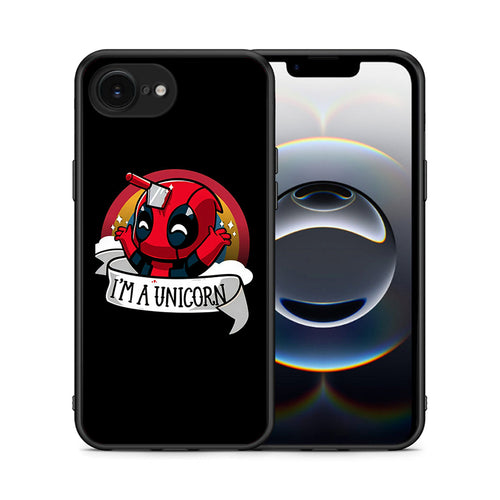 Θήκη iPhone 16e Unicorn Deadpool από τη Smartfits με σχέδιο στο πίσω μέρος και μαύρο περίβλημα | iPhone 16e Unicorn Deadpool case with colorful back and black bezels