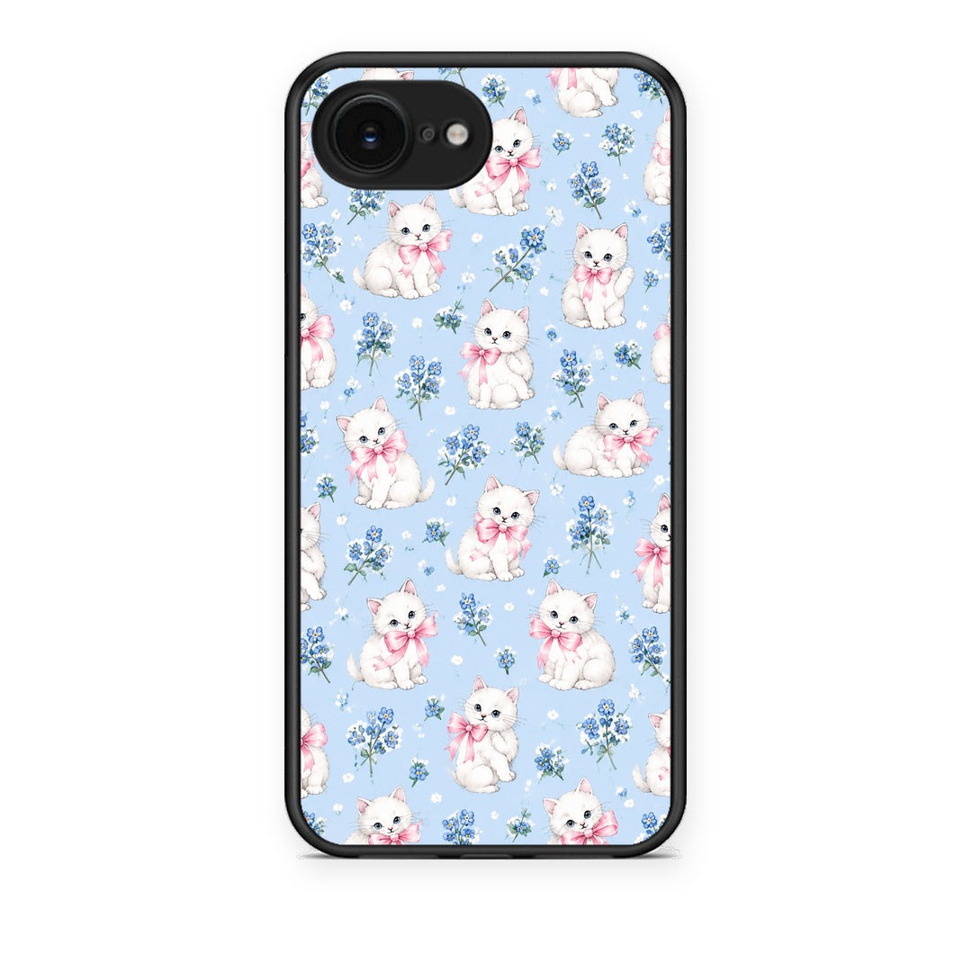Θήκη iPhone 16e White Kittens and Blue Flowers Small από τη Smartfits με σχέδιο στο πίσω μέρος και μαύρο περίβλημα | iPhone 16e White Kittens and Blue Flowers Small case with colorful back and black bezels