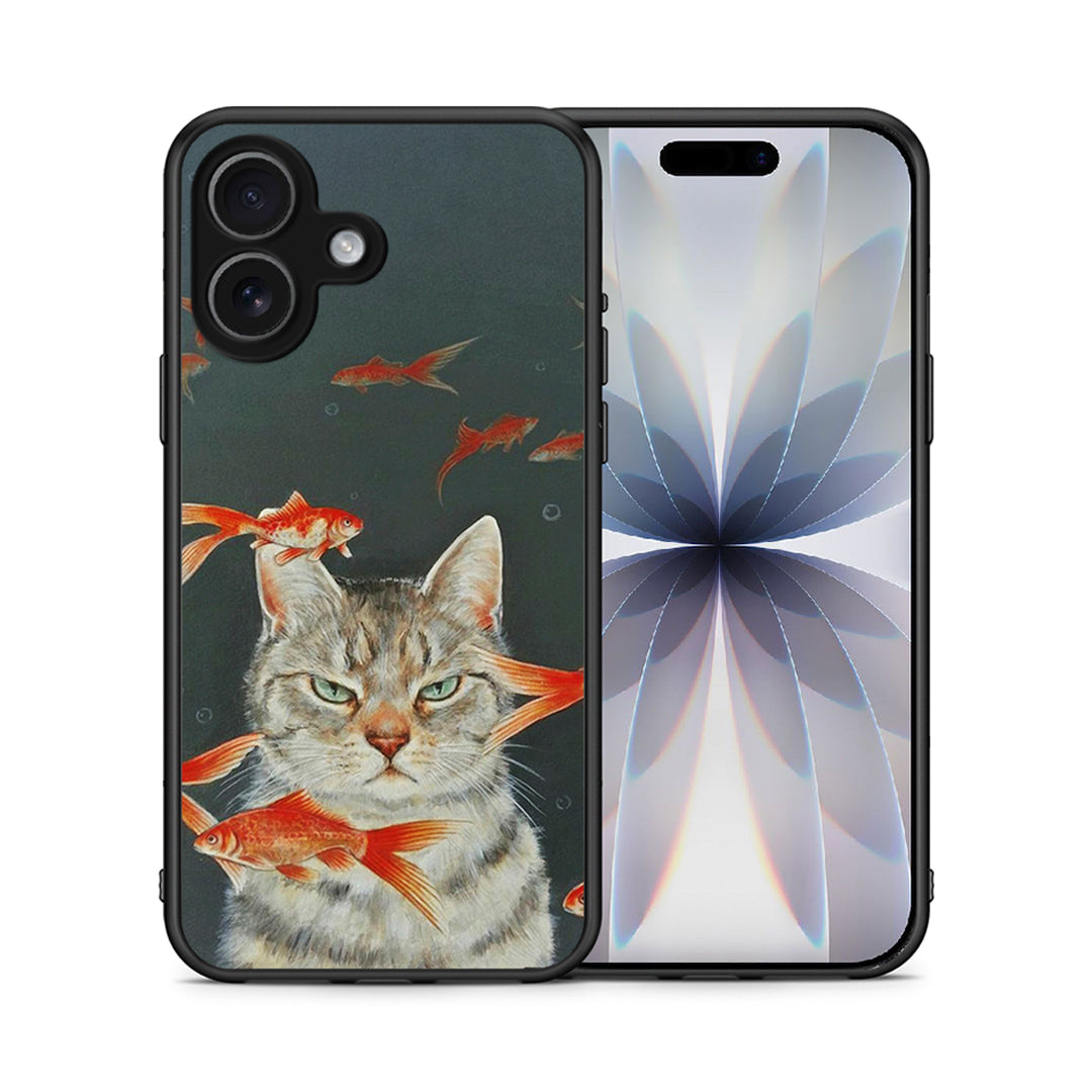 Θήκη iPhone 17 Cat Goldfish από τη Smartfits με σχέδιο στο πίσω μέρος και μαύρο περίβλημα | iPhone 17 Cat Goldfish case with colorful back and black bezels