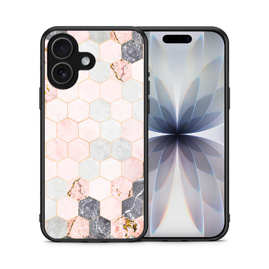 Θήκη iPhone 17 Hexagon Pink Marble από τη Smartfits με σχέδιο στο πίσω μέρος και μαύρο περίβλημα | iPhone 17 Hexagon Pink Marble case with colorful back and black bezels