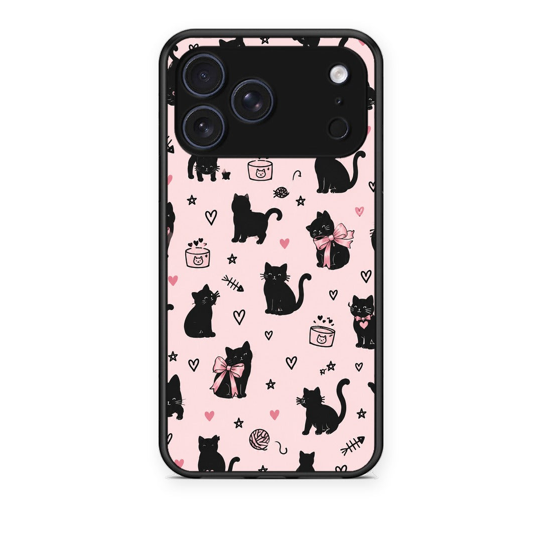 Θήκη iPhone 17 Pro Black Cat Doodles on Pink από τη Smartfits με σχέδιο στο πίσω μέρος και μαύρο περίβλημα | iPhone 17 Pro Black Cat Doodles on Pink case with colorful back and black bezels