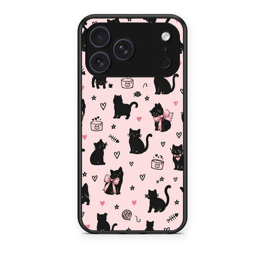 Θήκη iPhone 17 Pro Black Cat Doodles on Pink από τη Smartfits με σχέδιο στο πίσω μέρος και μαύρο περίβλημα | iPhone 17 Pro Black Cat Doodles on Pink case with colorful back and black bezels