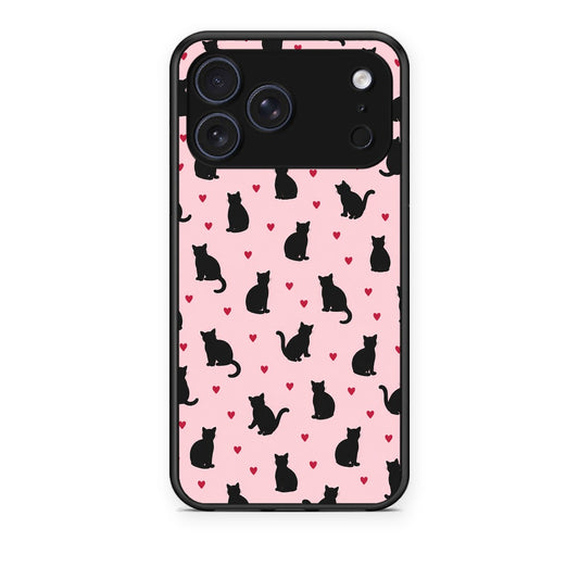 Θήκη iPhone 17 Pro Black Cat Silhouettes and Hearts on Pink από τη Smartfits με σχέδιο στο πίσω μέρος και μαύρο περίβλημα | iPhone 17 Pro Black Cat Silhouettes and Hearts on Pink case with colorful back and black bezels