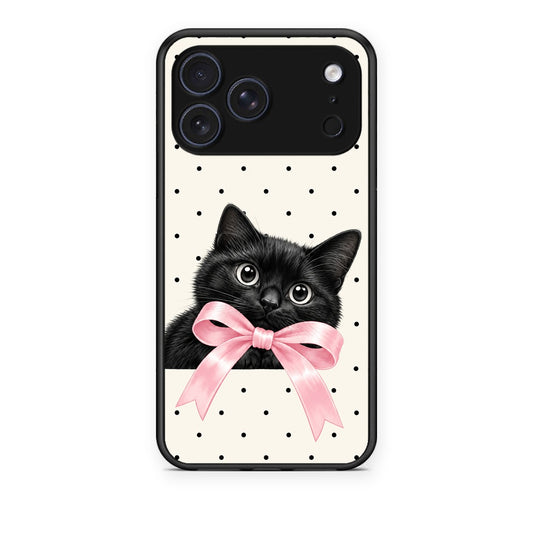Θήκη iPhone 17 Pro Black Kitten Pink Bow and Polka Dots από τη Smartfits με σχέδιο στο πίσω μέρος και μαύρο περίβλημα | iPhone 17 Pro Black Kitten Pink Bow and Polka Dots case with colorful back and black bezels