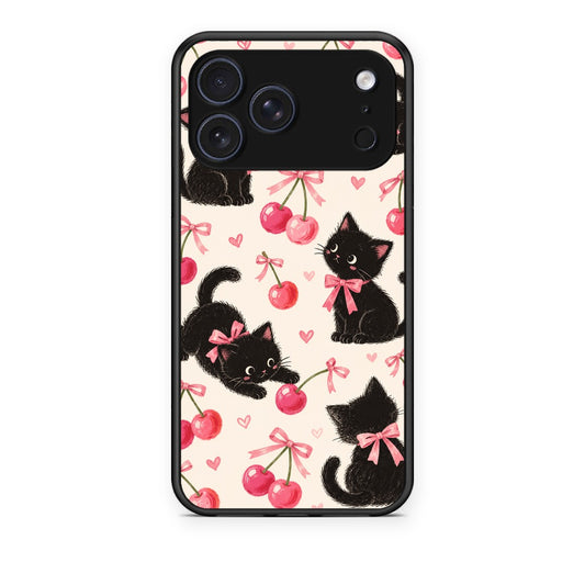 Θήκη iPhone 17 Pro Black Kittens and Cherries on Cream από τη Smartfits με σχέδιο στο πίσω μέρος και μαύρο περίβλημα | iPhone 17 Pro Black Kittens and Cherries on Cream case with colorful back and black bezels