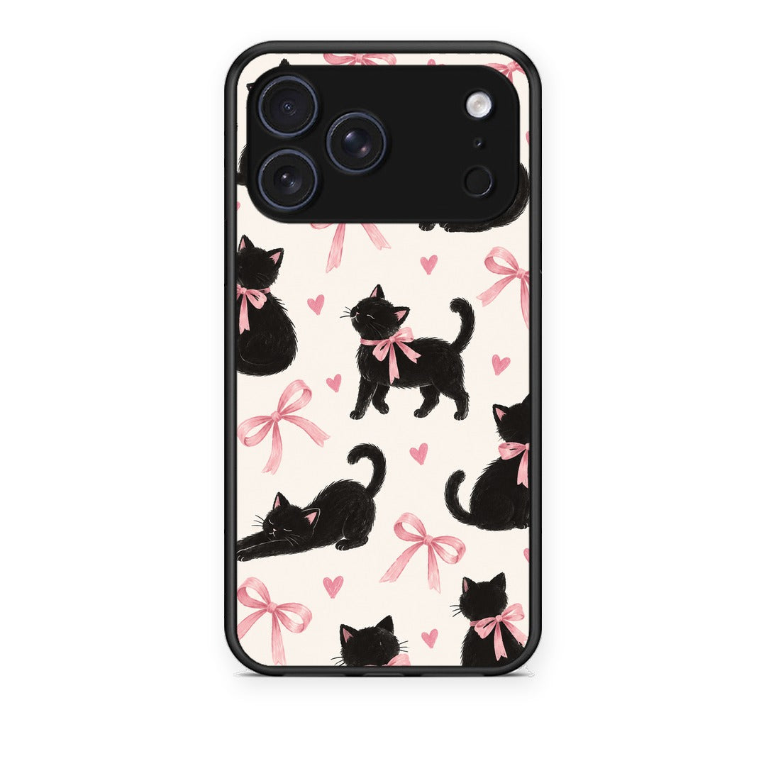 Θήκη iPhone 17 Pro Black Kittens and Pink Bows on Cream Large από τη Smartfits με σχέδιο στο πίσω μέρος και μαύρο περίβλημα | iPhone 17 Pro Black Kittens and Pink Bows on Cream Large case with colorful back and black bezels