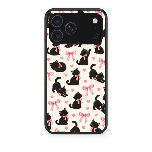 Θήκη iPhone 17 Pro Black Kittens and Pink Bows on Cream Small από τη Smartfits με σχέδιο στο πίσω μέρος και μαύρο περίβλημα | iPhone 17 Pro Black Kittens and Pink Bows on Cream Small case with colorful back and black bezels