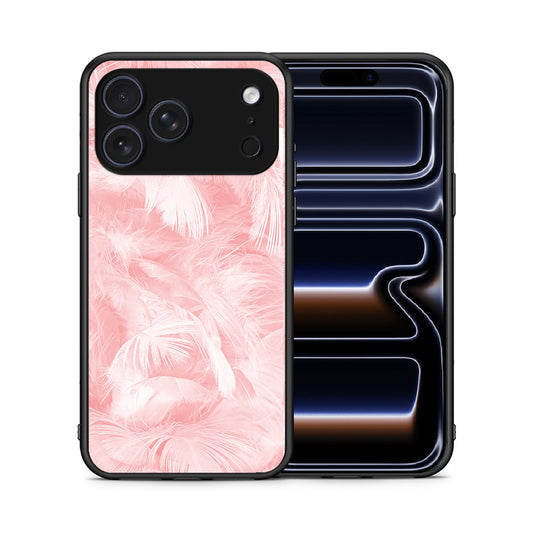 Θήκη iPhone 17 Pro Pink Feather Boho από τη Smartfits με σχέδιο στο πίσω μέρος και μαύρο περίβλημα | iPhone 17 Pro Pink Feather Boho case with colorful back and black bezels
