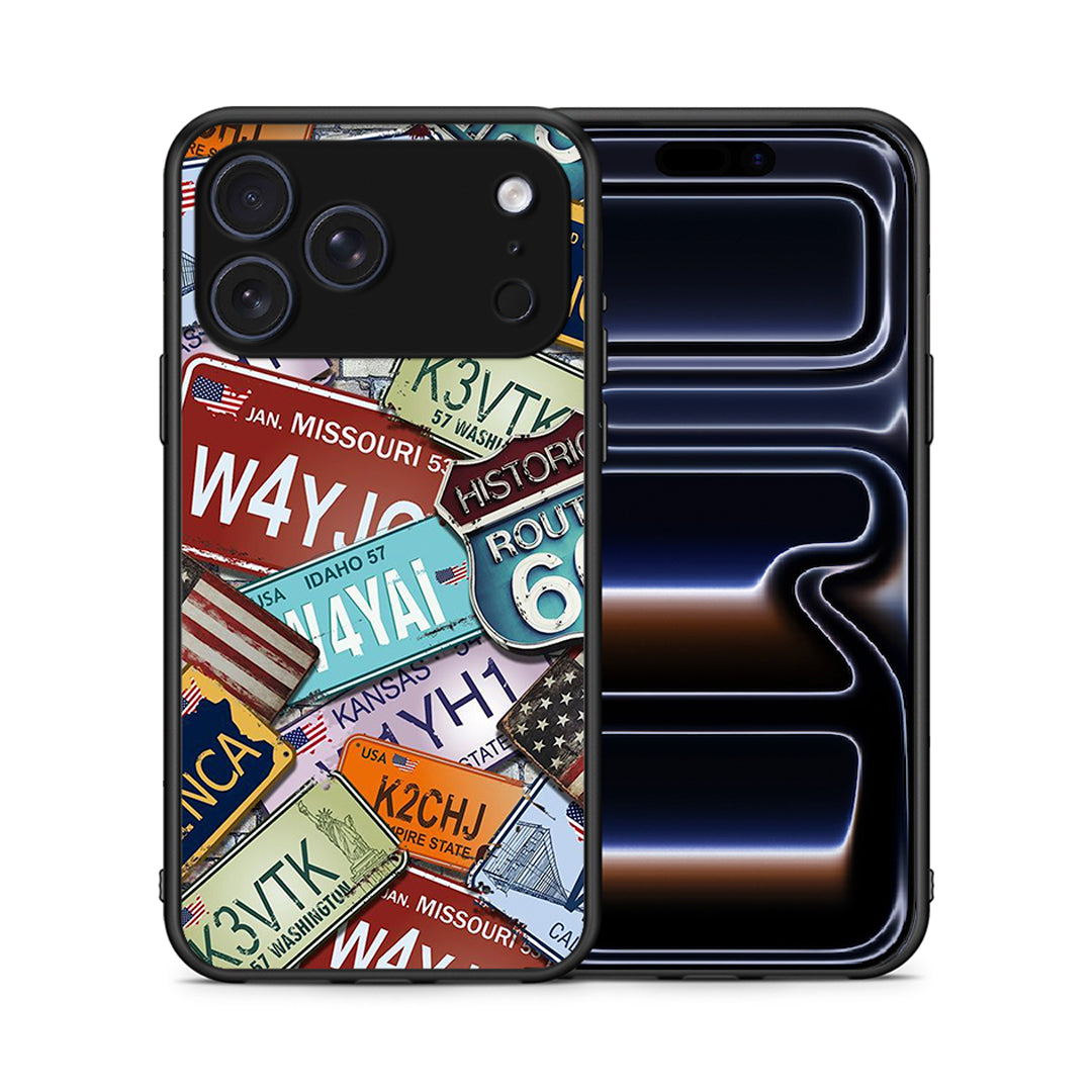 Θήκη iPhone 17 Pro Car Plates από τη Smartfits με σχέδιο στο πίσω μέρος και μαύρο περίβλημα | iPhone 17 Pro Car Plates case with colorful back and black bezels