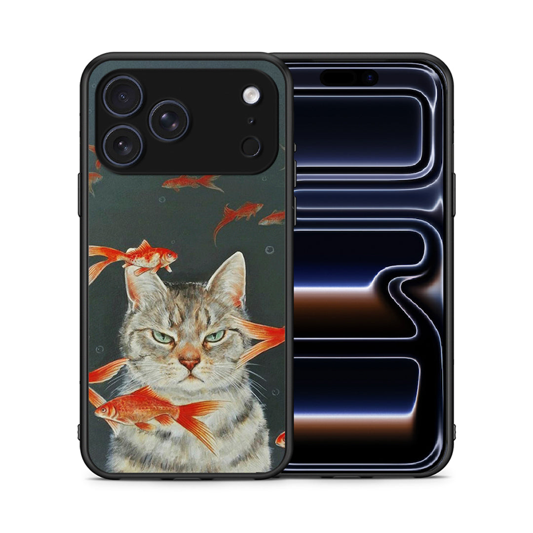 Θήκη iPhone 17 Pro Cat Goldfish από τη Smartfits με σχέδιο στο πίσω μέρος και μαύρο περίβλημα | iPhone 17 Pro Cat Goldfish case with colorful back and black bezels